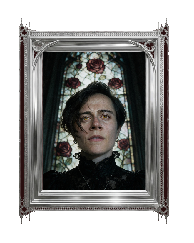 Framed portrait of Osundi in front of a stained glass window